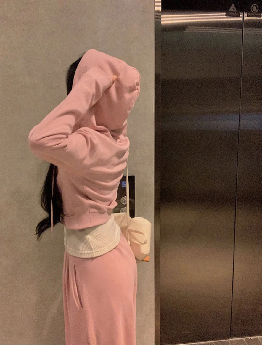 Korean Fashion Streetwear 2-piece Pants Set Women Tracksuit Autumn New Hooded Zip-up Crop Top Long Pants Casual Solid Outfits