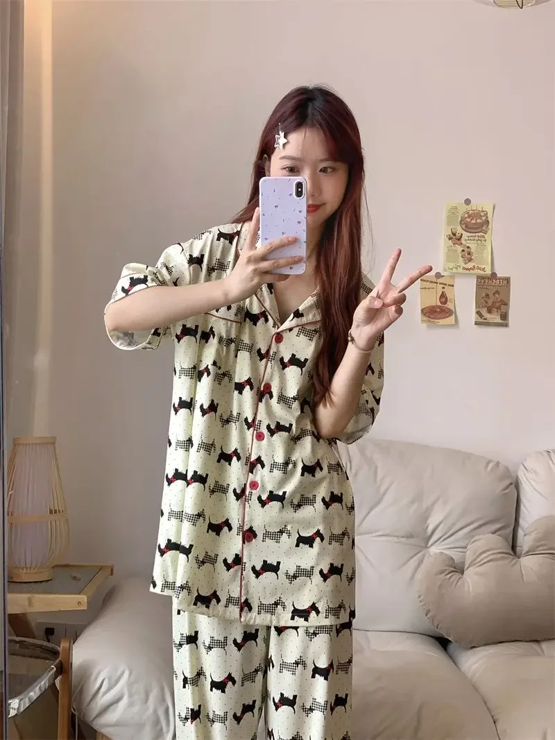 

Cute cartoon puppy printing lapel short-sleeved pajamas women summer new cardigan trousers homewear suit outside womens clothing