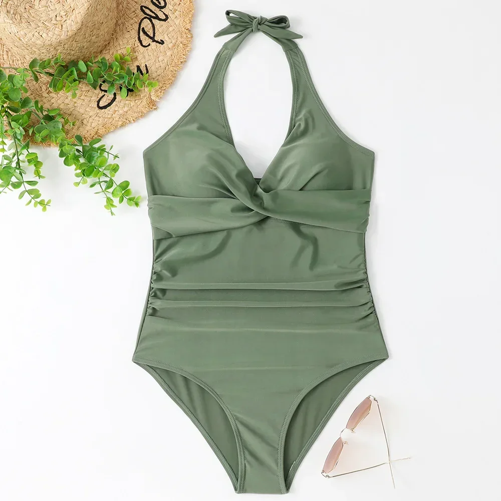 2026 New Wrinkled Halter V Neck One Piece Swimsuit Women Swimwear Female Monokini Backless Bathing Suit Swim Beachwear Bodysuit