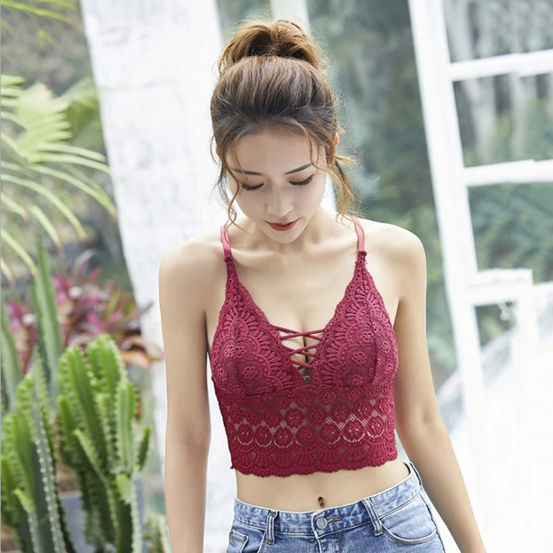 2023 Sexy Lace Tube Tops Women Floral Embroidered Bralette Cropped Top Seamless Deep V Lingerie Push Up Bra Bandeau Top Camis