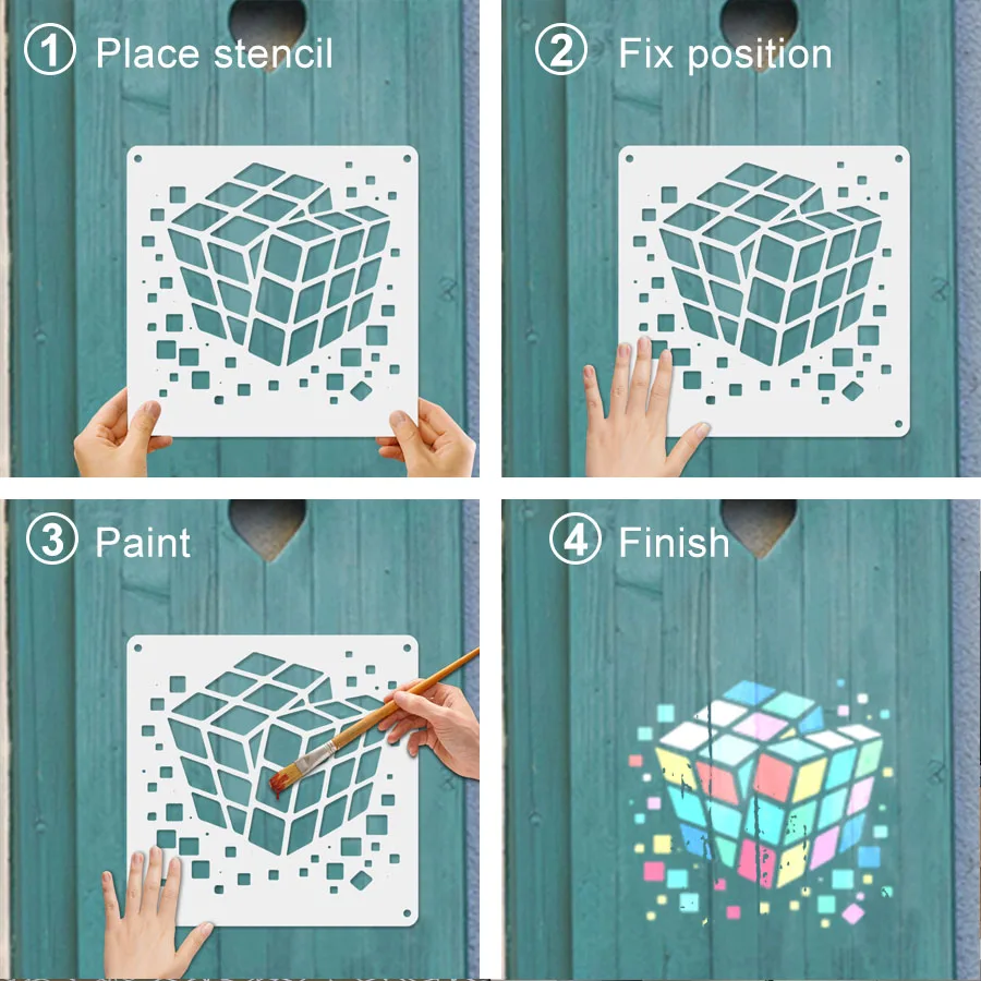 4PCS 11.8x11.8인치 기하학적 큐브 페인팅 템플릿 세트 3D 블록 컷아웃 드로잉 스텐실 DIY 패턴 디자인