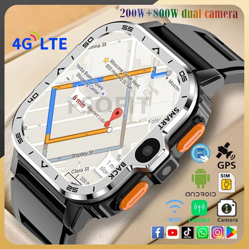 

New 2.03 Inch 4G NetworK Smart Watch GPS Wifi SIM NFC Dual Camera Rugged 16G 64G ROM Storage Google Play IP67 Android Smartwatch