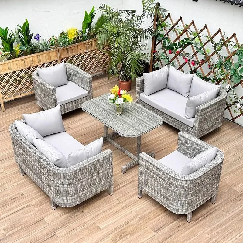 European Outdoor Garden Sofas Leisure PE Rattan Garden Terrace Sofa Chair Set Courtyard Balcony Double Sofa Outdoor Furniture FF