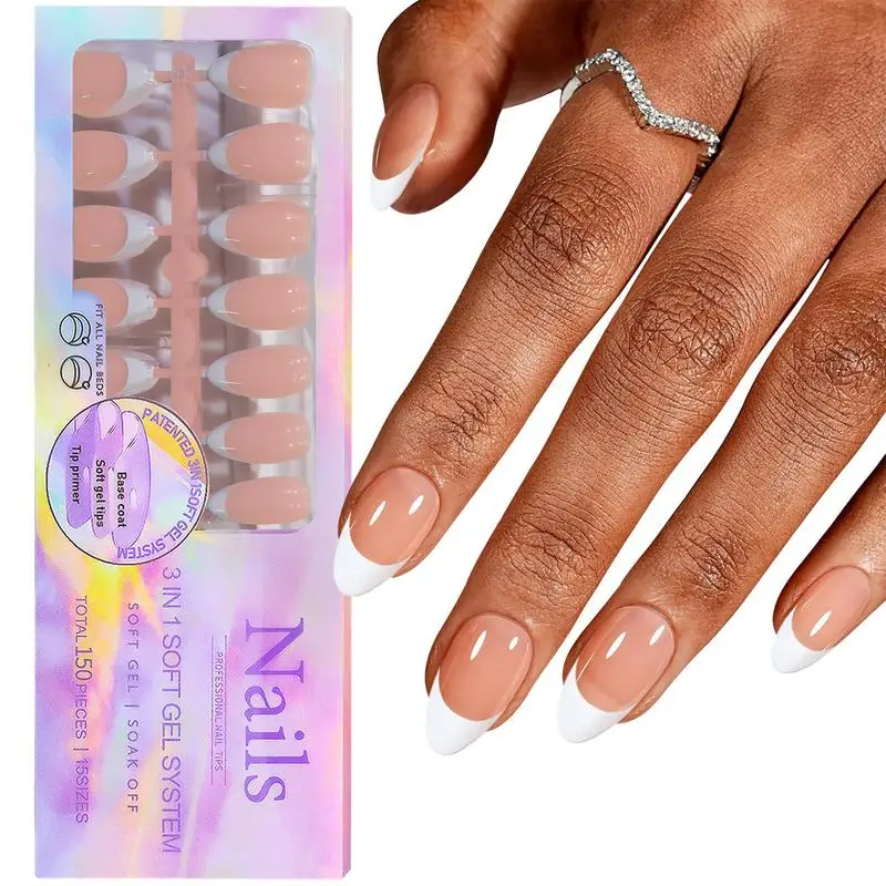 

French Tip Nude Seamless False Nail 150PCS Portable Press on Fake Nail for Women Short Fake Minimalist Nails Set for Home Travel