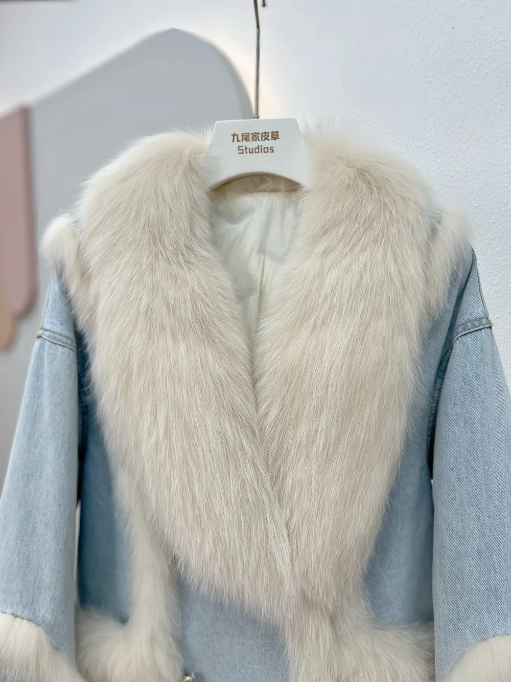Denim Splicing Real Fox Fur Coat 2023 Winter Goose Down Inner Fluffy Collar Jackets Young Medium Long Fashion Women's Clothing