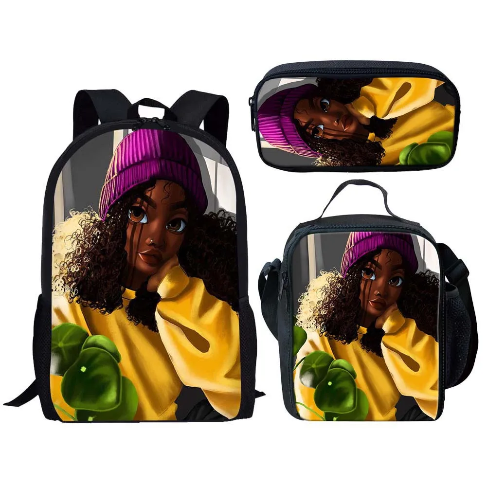 Popular Funny black African Girls 3D Printed 3pcs/Set pupil School Bags Laptop Daypack Backpack Lunch bag Pencil Case