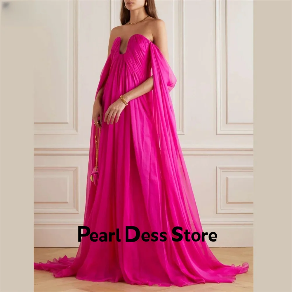 

Hot Pink Detachable Sleeves A-line Ball Dress Off Shoulder Long Dress Train Off Back Festival Vest