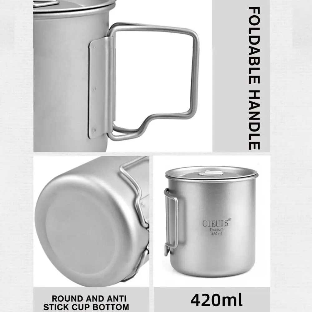Portable Cups Portable Folding Cups Titanium Cup Titanium Tableware 420ML Pure Titanium Titanium Cup Portable with Foldable Handle with Lid Drinking Cup Boil Water Ultralight Camping Mug Outdoor