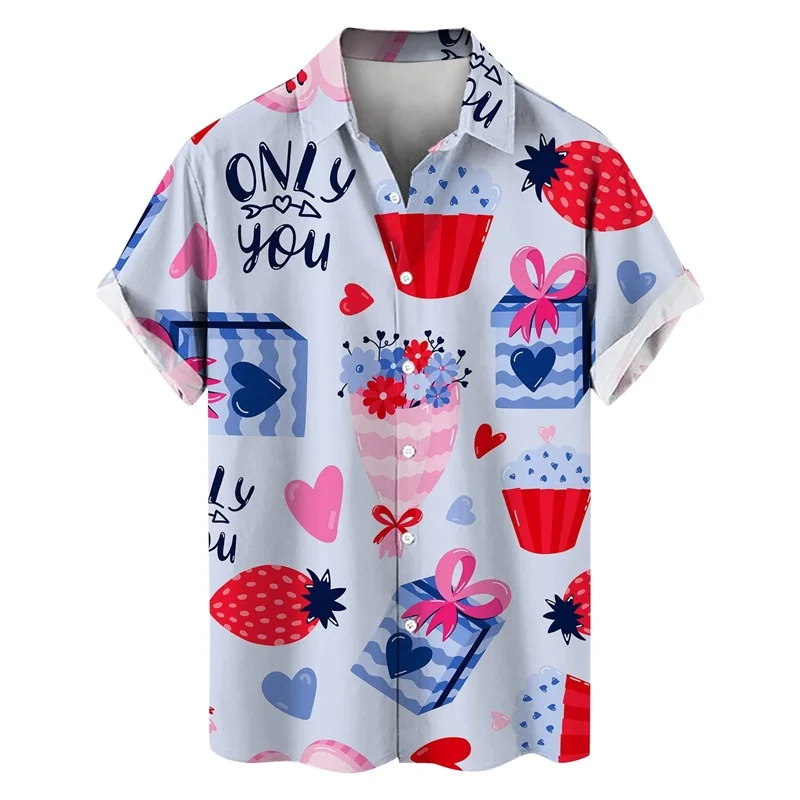thumbnail image 1 of Camisetas de manga corta para hombre, con estampado 3D de amor, gráfico, camisas de botones para el día de San Valentín, blusa informal de verano para playa para hombre, 1 of 4