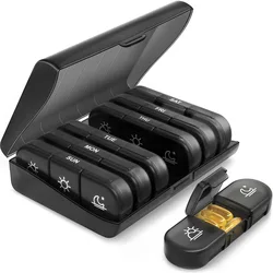 Compact Weekly Pill Organizer, Travel - Friendly with Large Compartments for Vitamins and Medications (Black)