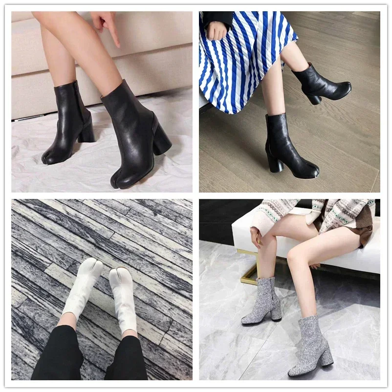 Women Split Toe Ninja Tabi Ankle Leather Boots Luxury Brand Design Round Heels Woman Shoes Lady 7.5cm / 3.5cm Heel Boot