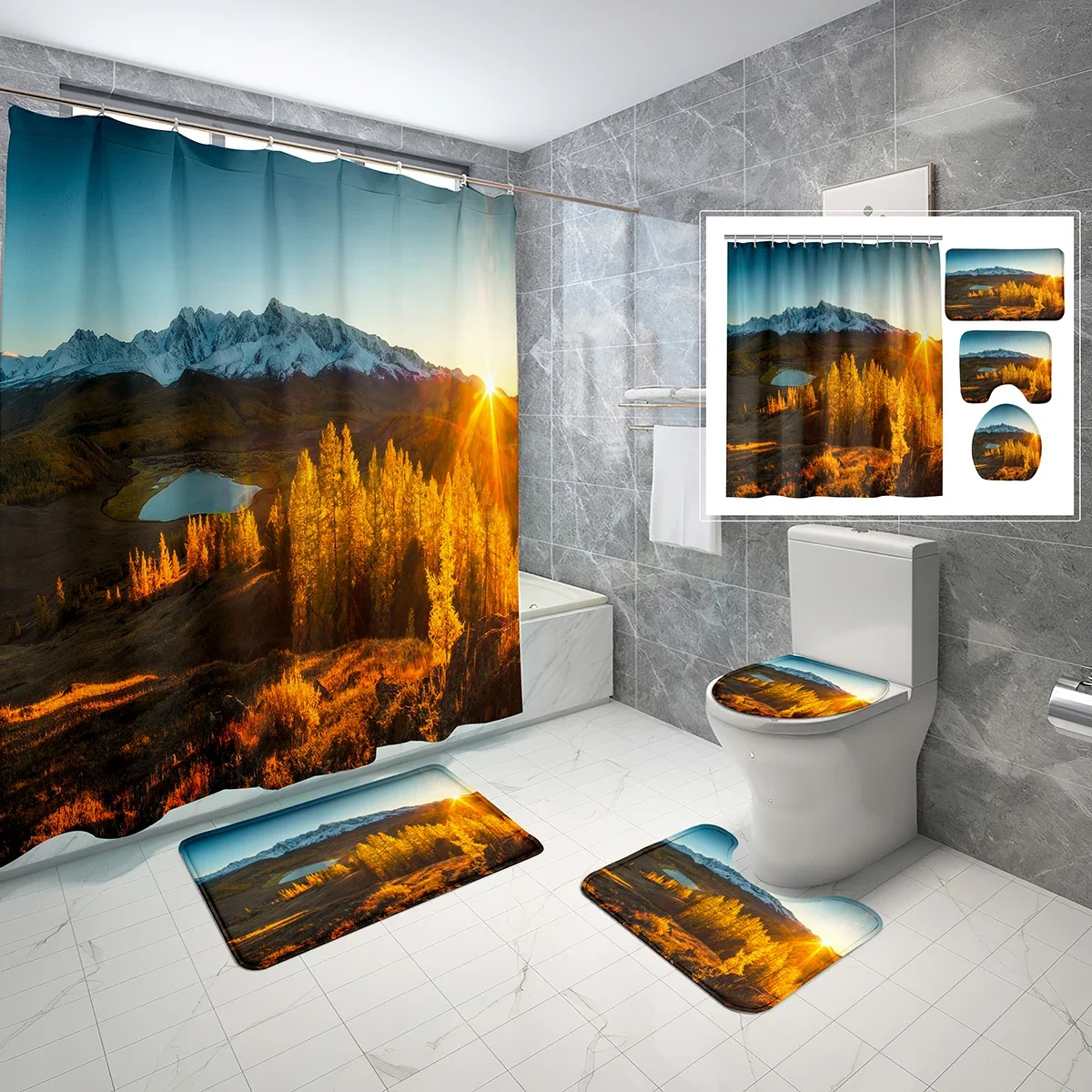 

4 Pcs Altai Theme Shower Curtain Sets with Non-Slip Rugs Mat Toilet Lid Autumn Mountains Lake Waterproof Shower Curtain Set