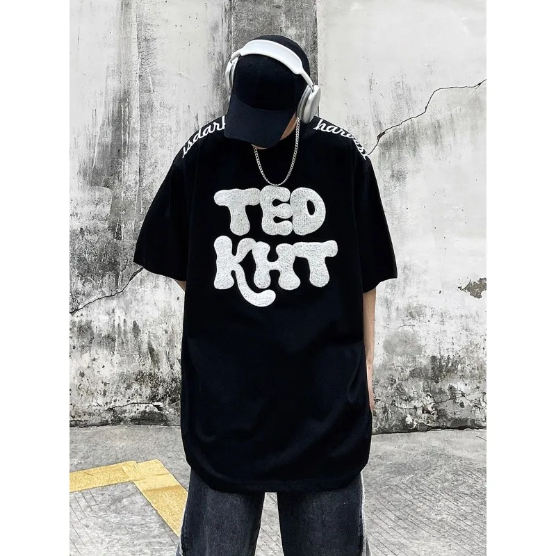 

hiphop original short-sleeved T-shirt for men 2023 summer national fashion brand street flocking letter loose half-sleeved shirt