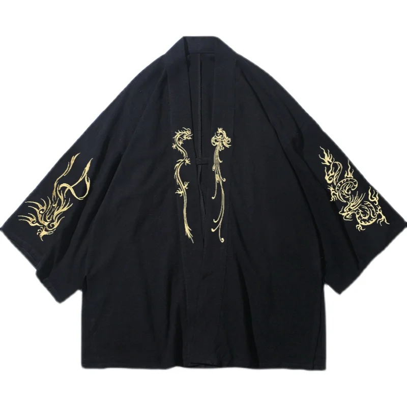 Tai chi Fashion Costume Embroidery Hanfu Men Chinese Style Linen Robe Cardigan Jacket Oversized Kimono 5XL Ancient Coat Male