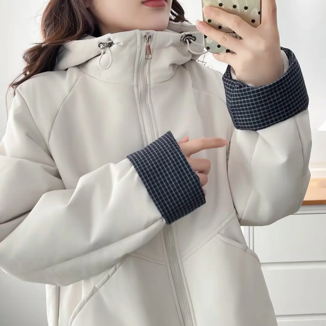 XXXXL Fashion Plus Size Women's Parkas Simple Cuffs Block Color Fleece And Thickened Hooded Jacket For Winter Padded Coat 8647