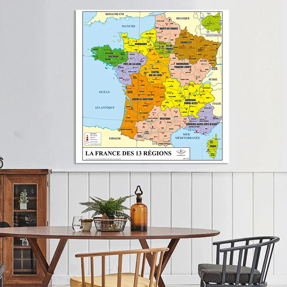 France Political Map in French Vinyl Wall Poster Non-woven Canvas Painting Classroom Home Decor School Supplies 150*150cm world map poster