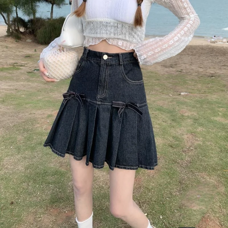 pleated skirt Jeans Bow Pleated High Waist New Vintage Casual Sweet Ruched Denim Korean Students Female A-line Mini Summer Women Skirts white pleated skirt