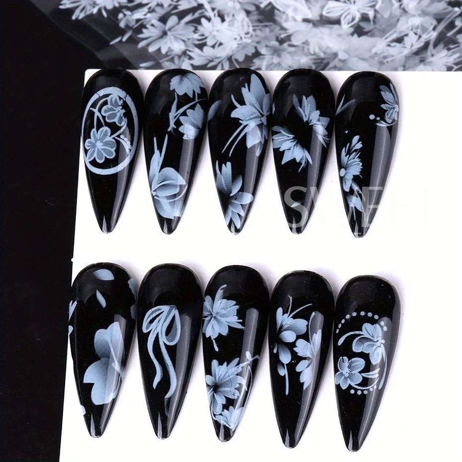 10 Rolls Elegant White Flowers Petal Nail Transfer Foils Stickers Butterfly Painting Lace Floral Decals Wedding Bride Decoration