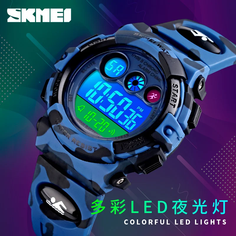 SKMEI Japan Digital movement Boys Girls Waterproof Sport Watches Colorful LED Light Camouflage Wristwatch For Children Kids