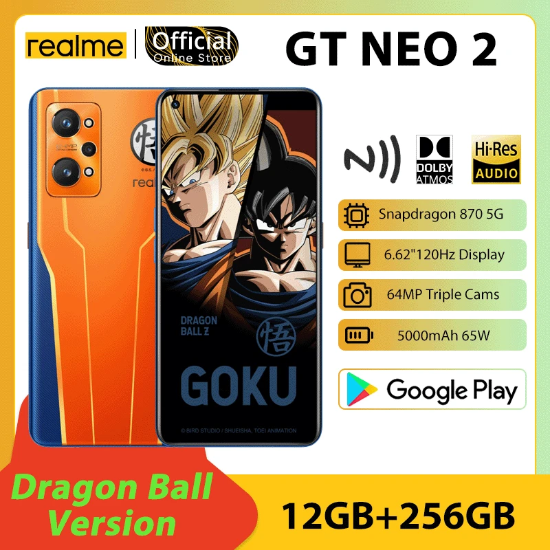 

Смартфон realme GT Neo 2 5G Dragon Ball, ограниченная серия, 12 Гб, 256 ГБ, Snapdragon 870, экран 6,62 дюйма, 120 Гц, процессор E4 AMOLED, три камеры 64 мп, ии, 65 Вт