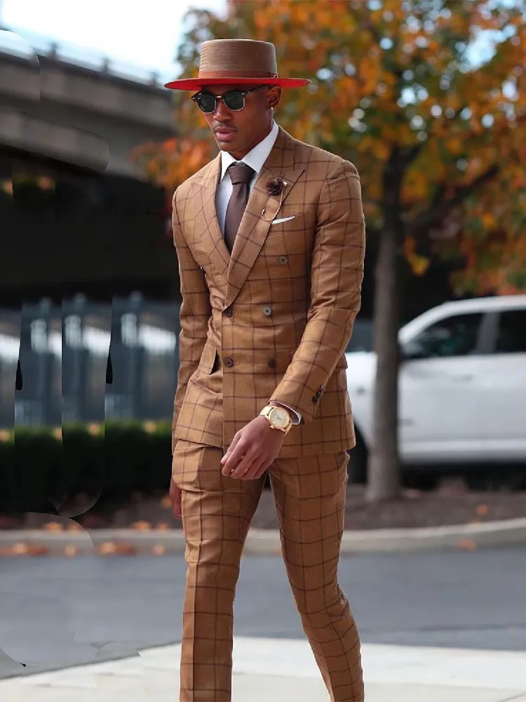 Plaid Men Suit Tailor-Made Fashion 2 Pieces Blazer Pants Double Breasted Lapel Formal Business Causal Party Tailored