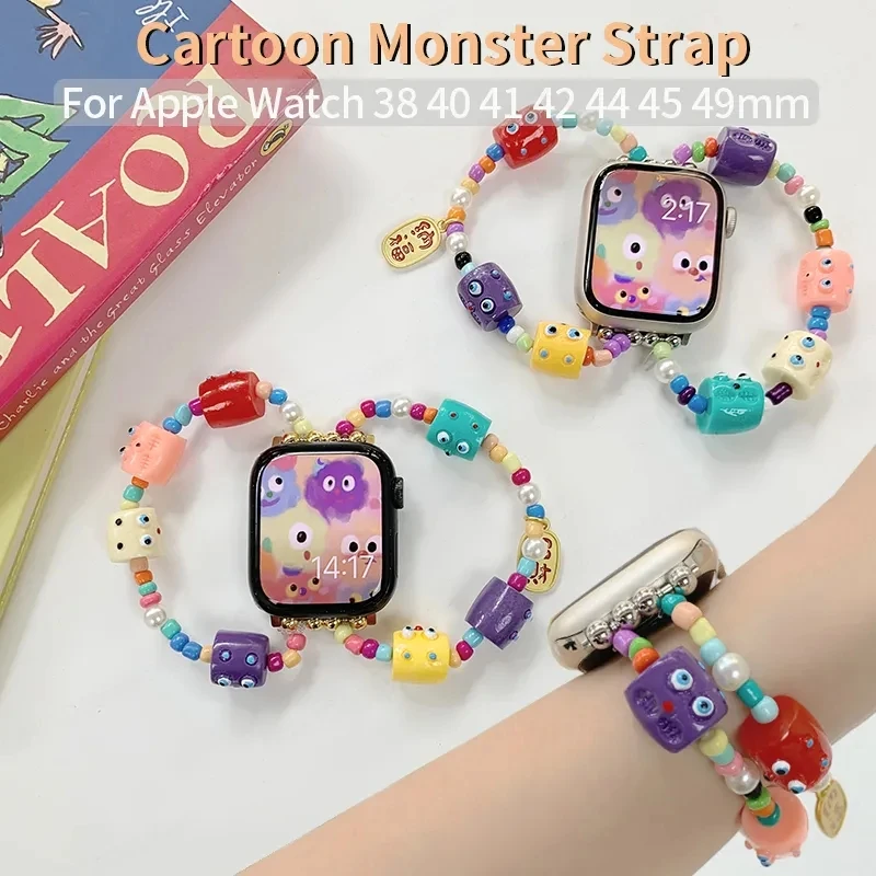 

Cartoon Monster Strap for Apple Watch Band 44mm 40mm 45 38 41 49mm Colorful Beading Elastic Bracelet for iWatch Series7 6 5 4 SE