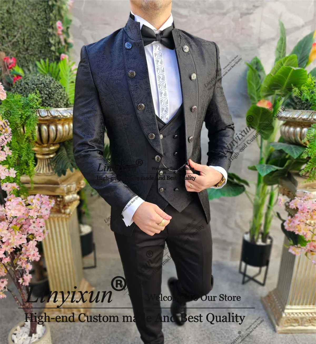 Italian Jacquard Style Mens Suit 3 Pieces Sets Groom Elegent Wedding Tuxedos Prom Blazers trajes para hombre