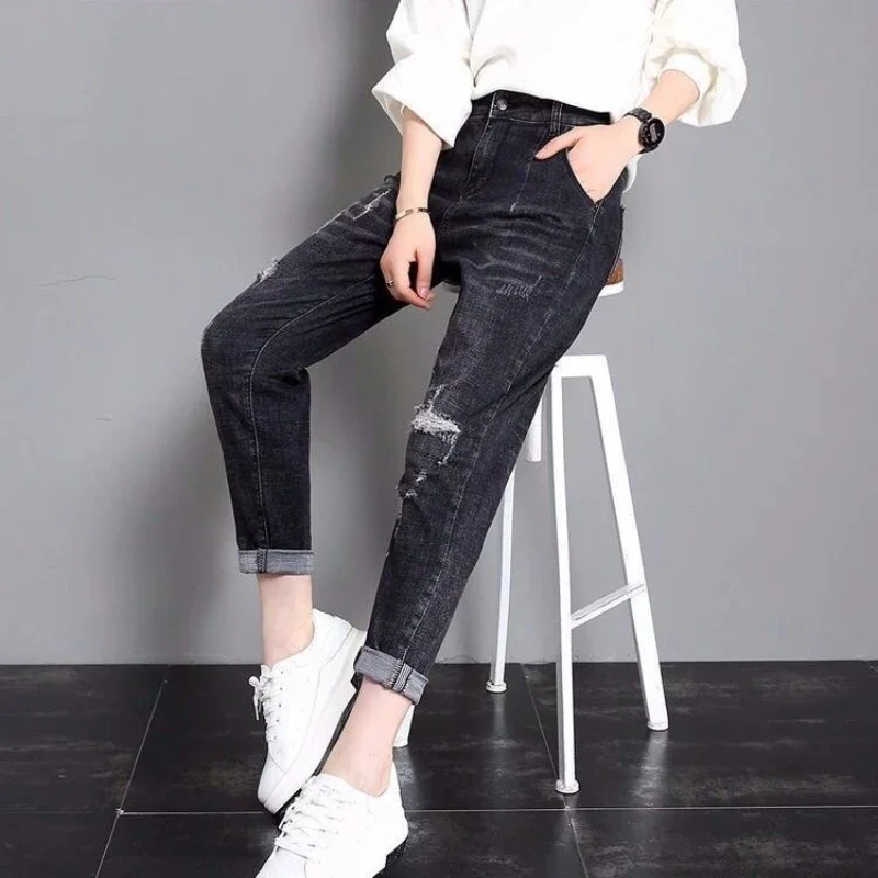 

Womens Jeans with Holes Ripped Black and Capris Torn Cropped Pipe Trousers High Waist Shot Pants for Women Denim New in Stretch