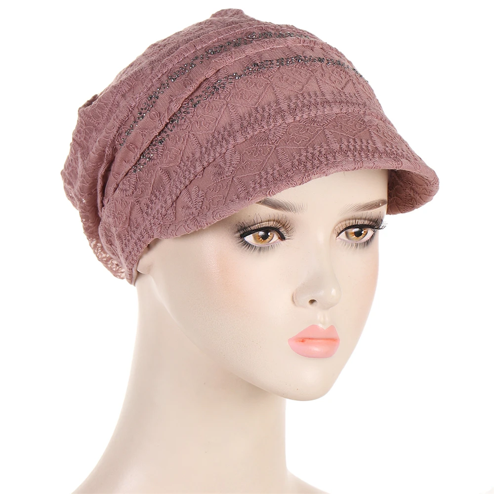 

Women Pullover Cap Muslim Beanie Headscarf Chemo Cancer Cap Lace Hair Loss Cap Skullies Fashion Diamonds Baggy Wide Brim Hat New