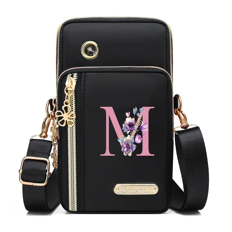 Floral Print Mobile Wallet with Zippered Card Organizer and Adjustable Strap