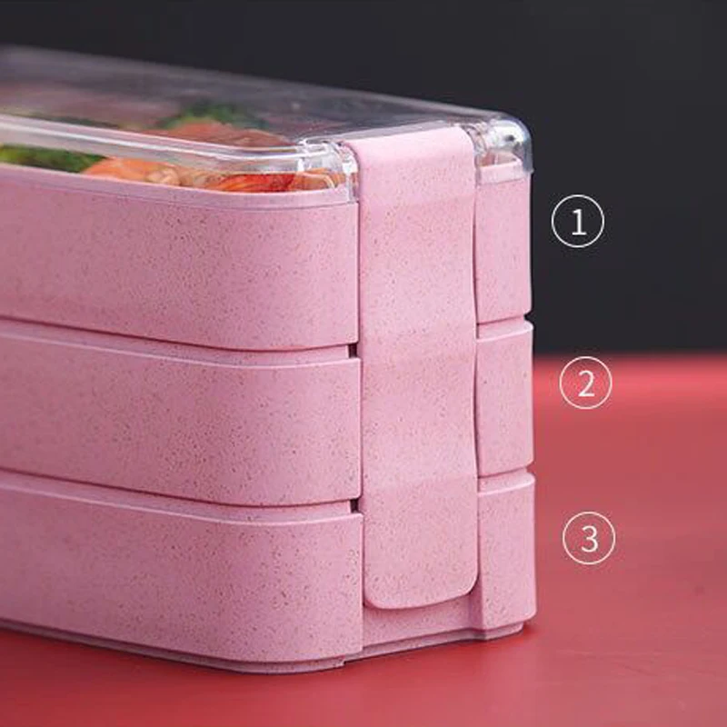 Description Picture 5 of item1pc 1000ML 3-layers Wheat Straw Lunch Box With Dinnerware Detachable Microwavable Hermetic Bento Box For Adults School Office