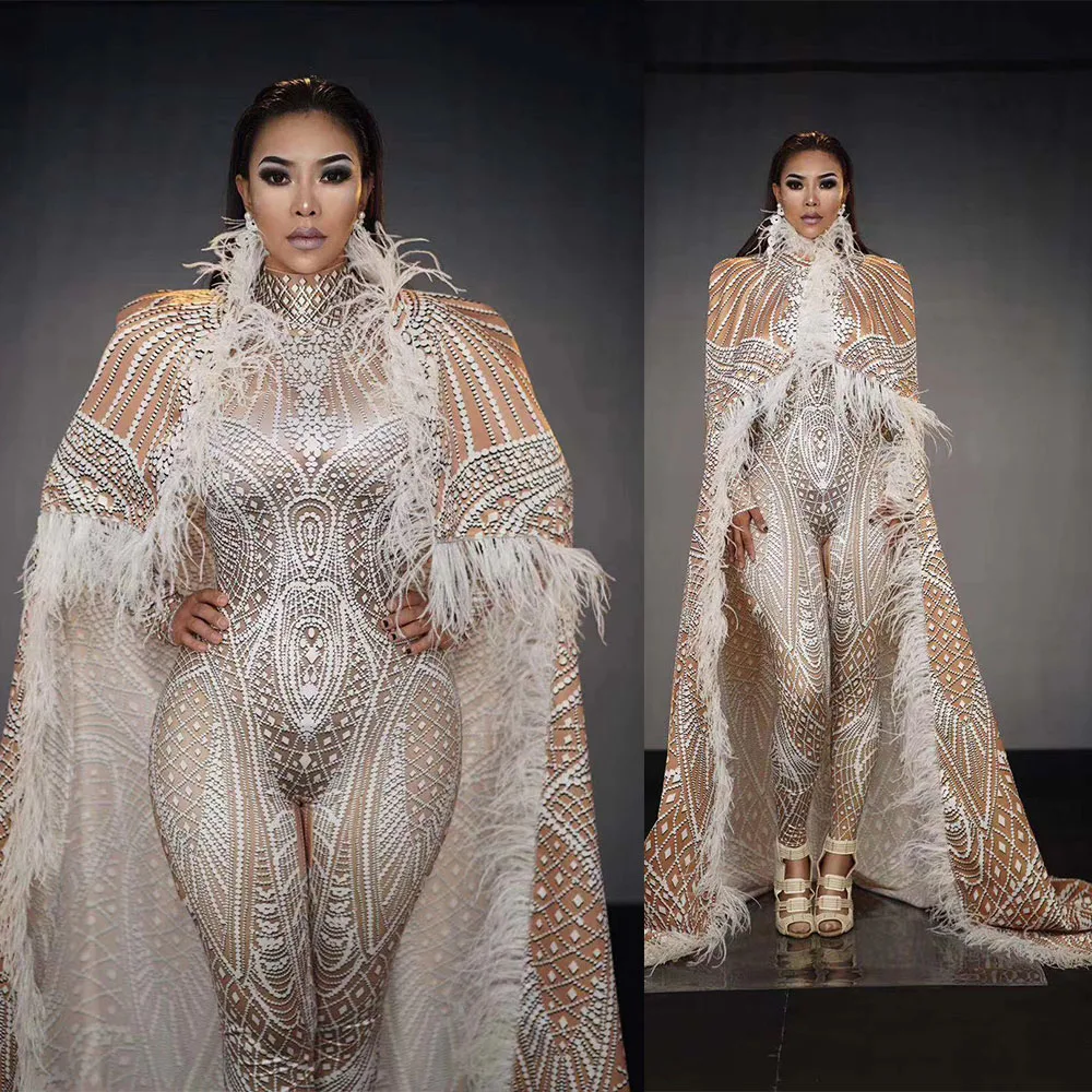 

Nightclub Performance Costumes Stage Wear Snow Drag Queen Outfit Sparkly Women Men Jumpsuits With Feather Long Cloak