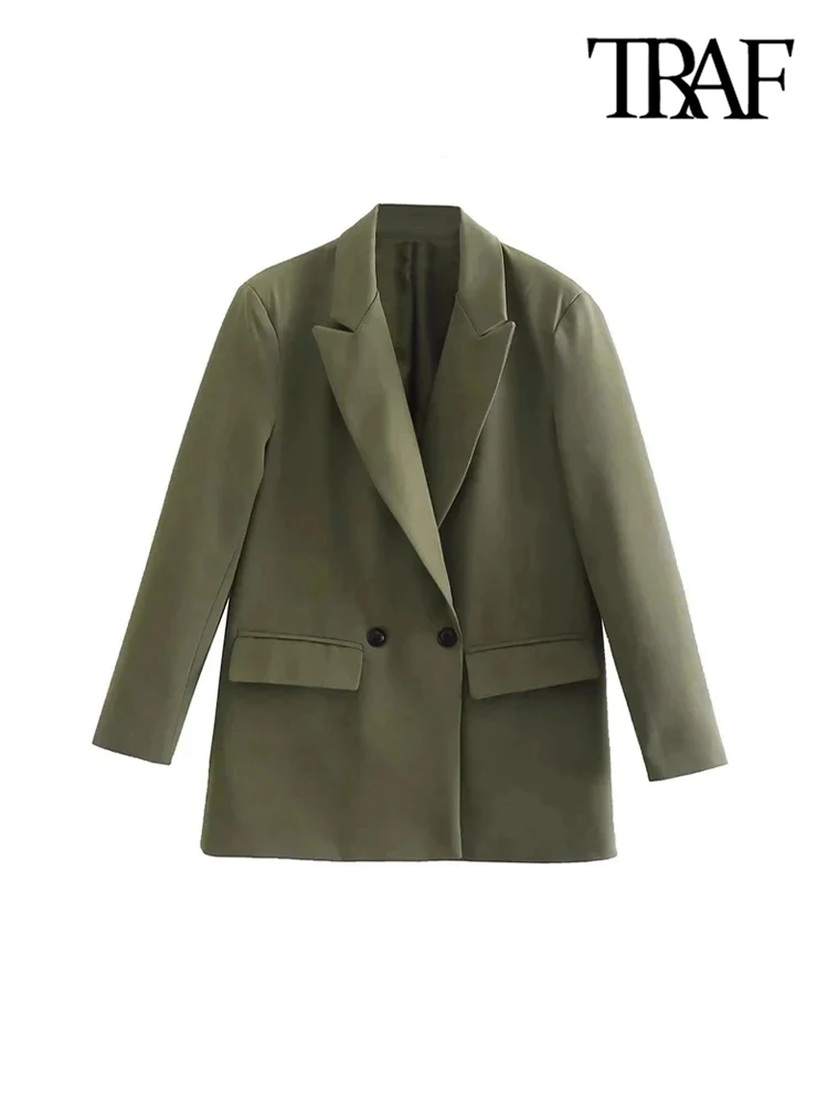 TRAF Women Fashion Double Breasted Loose Fitting Blazer Coat Vintage Long Sleeve Pockets Female Outerwear Chic Veste Femme 3
