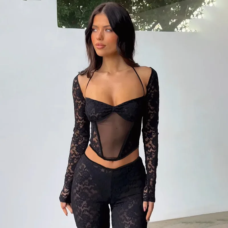 AKYZO Women's Sexy Lace Mesh 2 Piece Sets Long Sleeve Girdle Halter Tops See Through Trousers Party Club Outfits Fall Clothing