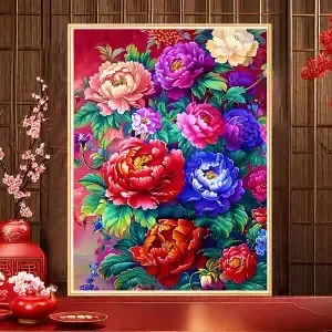 Handmade cross stitch China-Chic peony finished products Wall hanging, beautiful peony finished products in stock 60*80cm