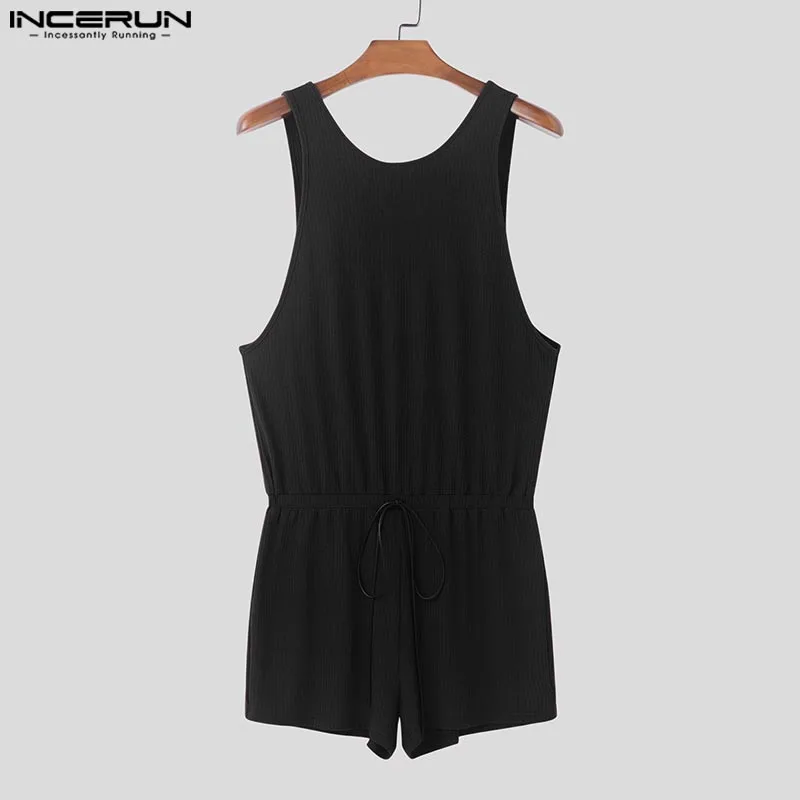 Men Bodysuits Men Jumpsuits INCERUN American Style Men's Homewear Fashion Striped Texture Design Jumpsuits Casual Comfortable Thin Sleeveless Bodysuits