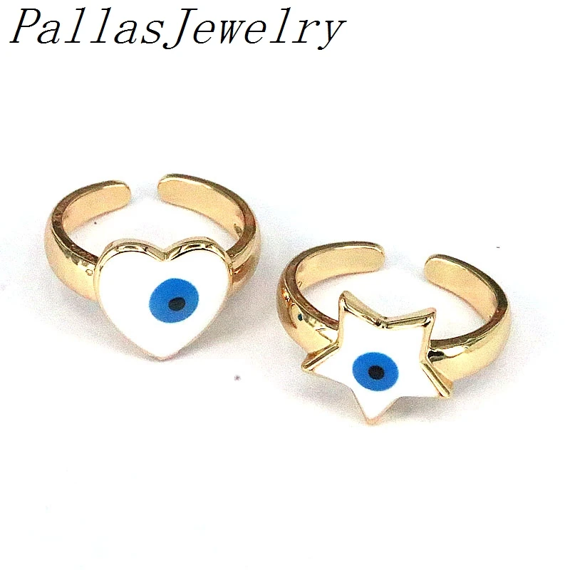 

10Pcs Fashion Lucky Turkish Eye Gold Ring For Women Open Enamel Star Heart Geometric Adjustable Finger Jewelry Party Girls Gift
