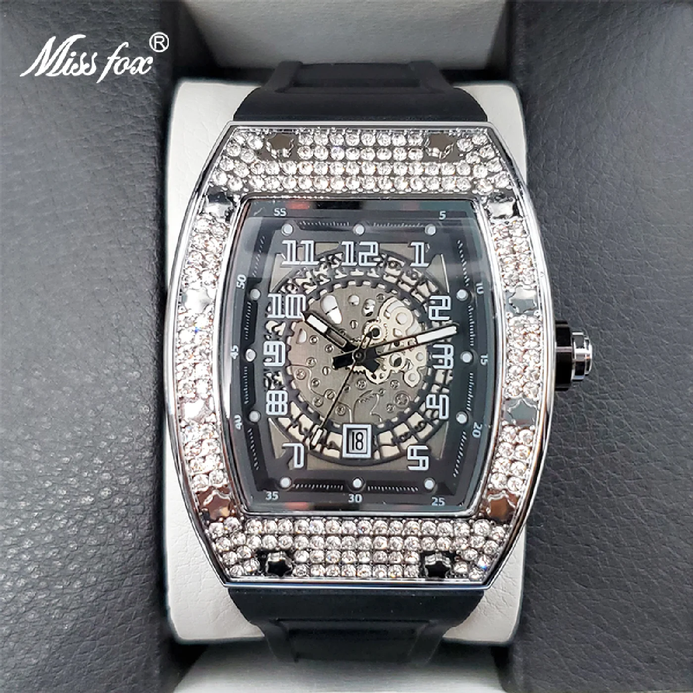 

MISSFOX Men's Iced Out Watch Big Case With Diamond Silicone Strap Watches For Men Sport Waterproof Calendar Large Clock New In