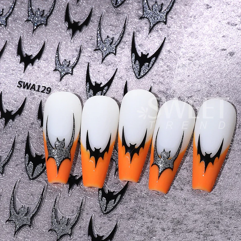 2pcs Halloween Bat Nails Art Stickers Glitter Holographic Gold Silver French Bat Design Adhesive Nail Decals Y2K Manicure Decor