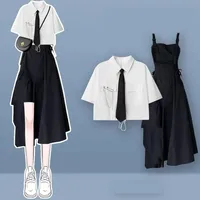 2026 Women's Summer New In Fashion Irregular Dress Matching Set Korean Elegant Short Sleeve Shirt+Strap Skirt Two Piece Suit - Image 2