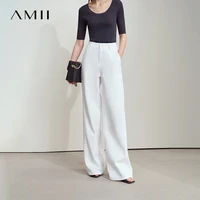 Jean Amii pour femme, style minimaliste, nouvelle collection été 2025, couleur unie, pour le quotidien, noir, beige, coupe large, en denim de coton, pantalon long 12552012 1