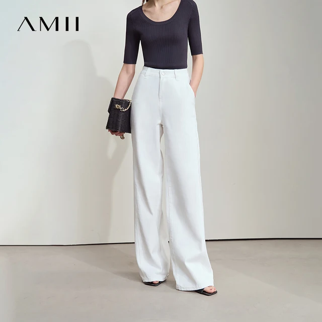 Jean Amii pour femme, style minimaliste, nouvelle collection été 2025, couleur unie, pour le quotidien, noir, beige, coupe large, en denim de coton, pantalon long 12552012 1