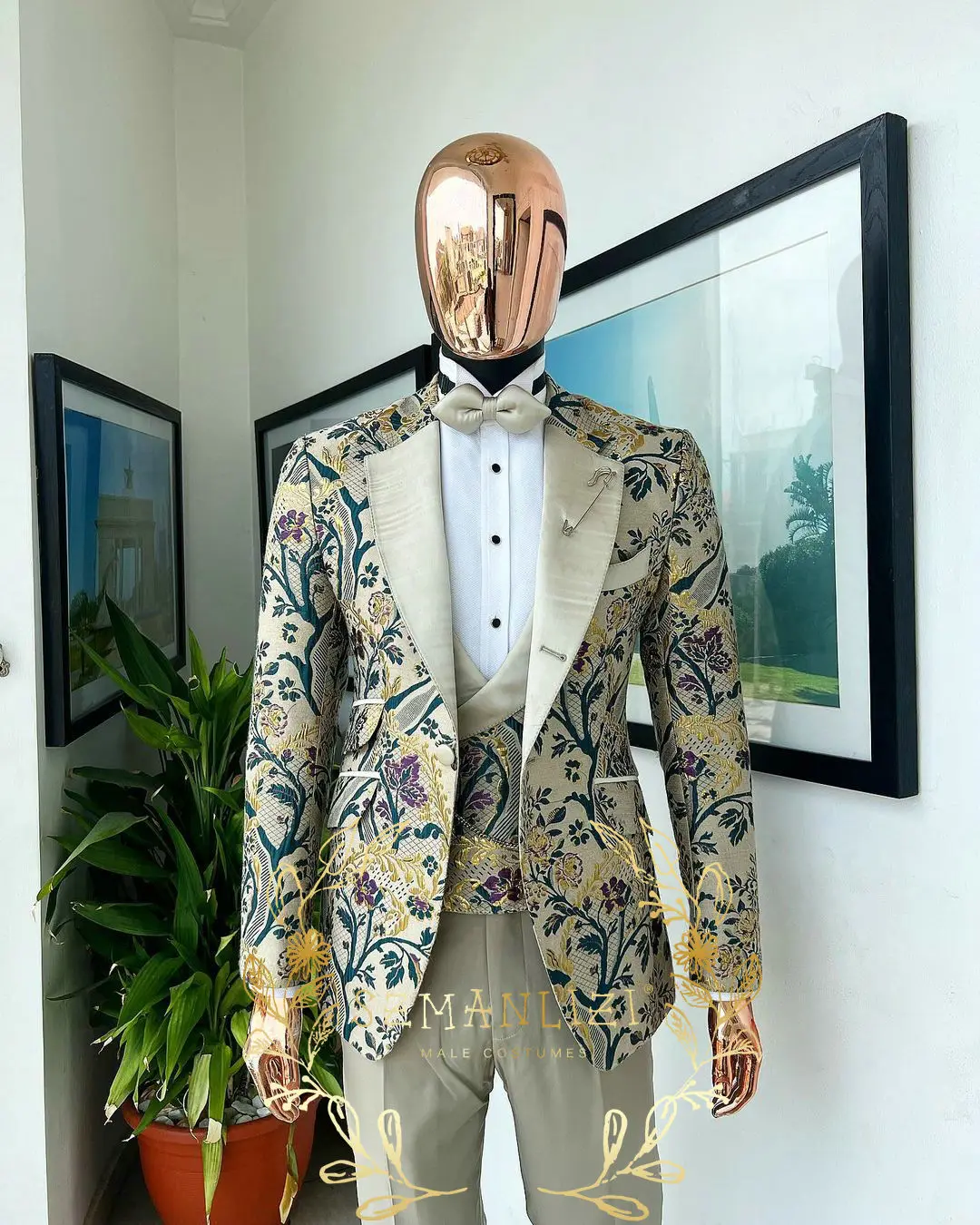 

Floral Jacquard Tuxedo Suits For Men Wedding Party Dress Slim Fit 3 Pieces Gentleman Jacket Vest Pant 3 Piece Male Costume
