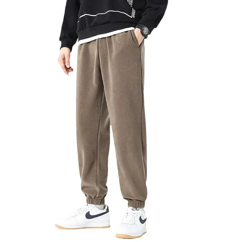 Men's Double-Sided Fleece Lined Thickened Winter Sports Casual Long Pants Elastic Waist Sweatpants Pure Color Skateboarding