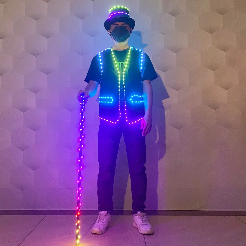 

LED Belly Dance Robot Costume Crutches Glow Cane Men Women Jazz Dance Hat Show Party Halloween Glow-in-the Dark Supplies Cloth