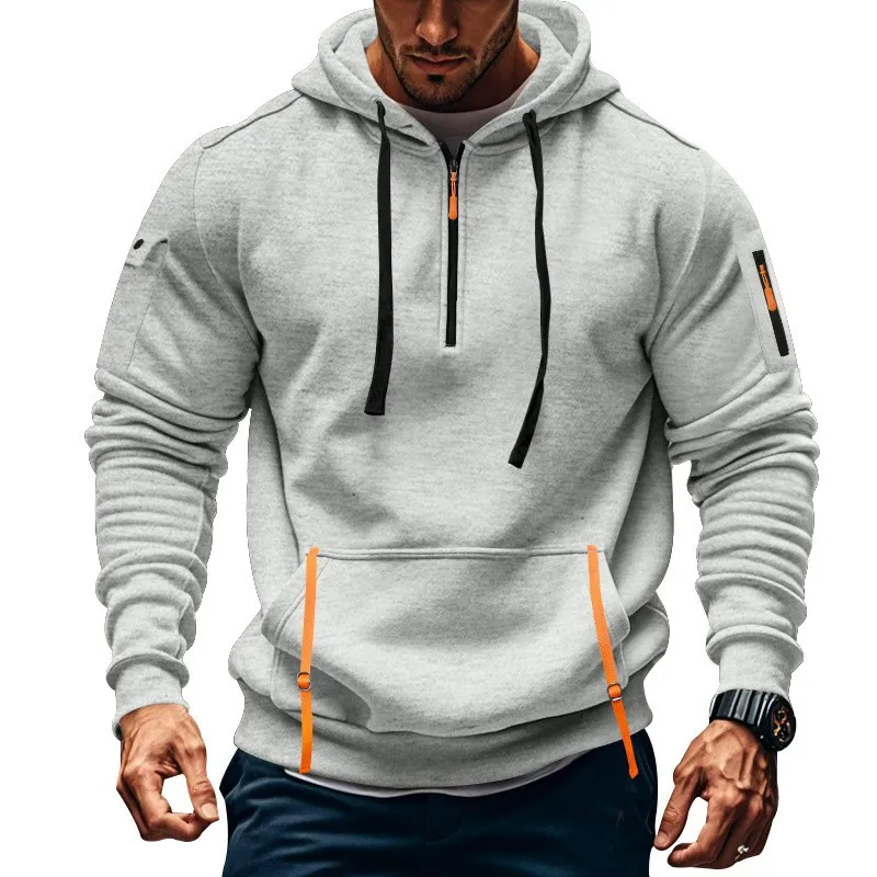 Autumn and Winter New Men's Outdoor Sports Tooling Wind leisure comfortable solid color arm pocket zipper long-sleeved hoodie 4