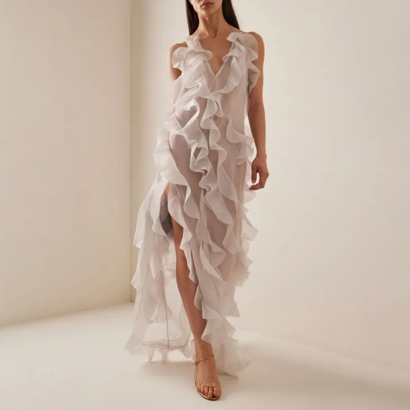 Sexy Damen-Kleid, durchsichtig, durchsichtig, Rüschen, Träger, tiefer V-Ausschnitt, abgestufter Schlitz, Urlaub, Strand, Party, Cocktail, langes Kleid