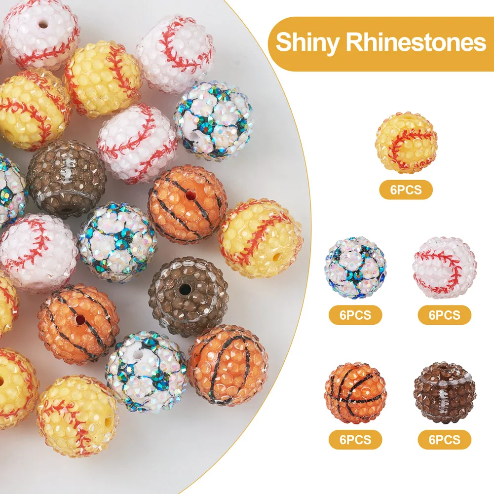 30Pcs Sport Resin Rhinestone Beads Basketball Football Baseball Round Loose Spacer Chunky Beads Charms for Jewelry Making 20mm