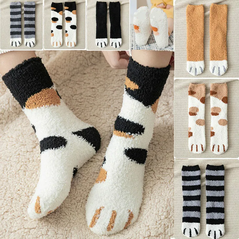 Cute Animal Cat Paw Pattern Fluffy Home Socks Woman Harajuku Winter