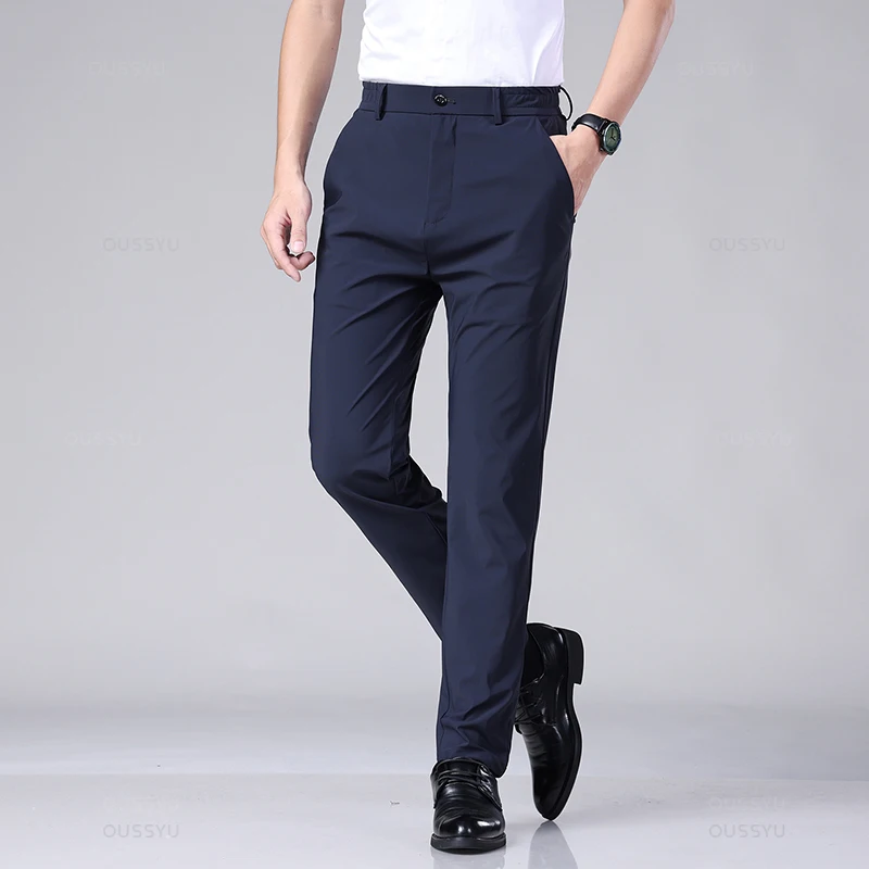 Spring Summer Men's Casual Pants Business Stretch Slim Fit Elastic Waist Jogger Korean Classic Thin Black Gray Trousers Male 3
